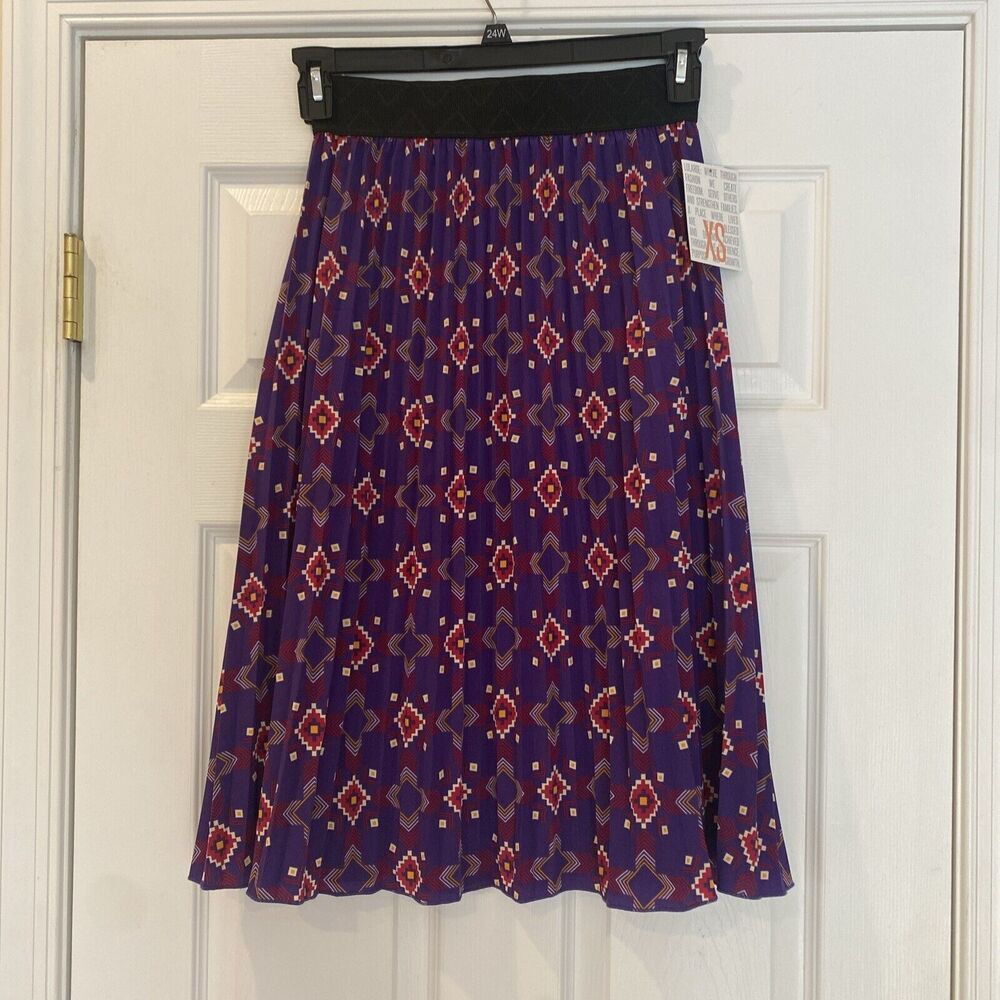 Lularoe NWT Jill Purple Pleated Geometric Print Midi Skirt Size XS